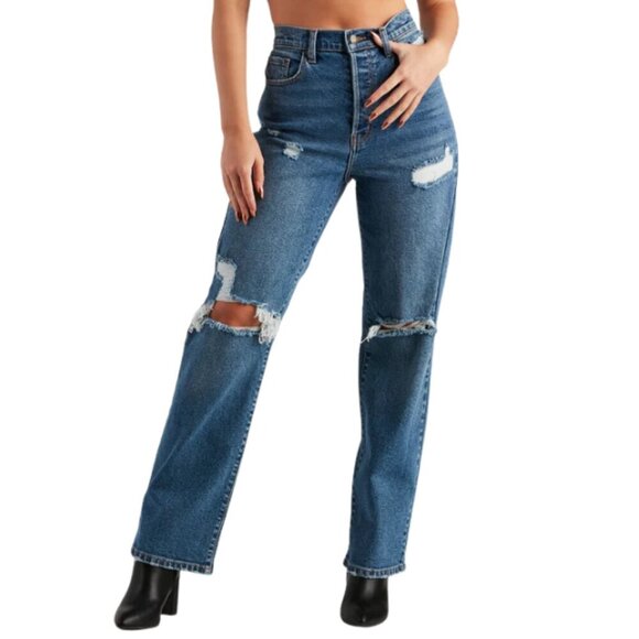 Windsor Women's Jay High-Rise Destructed Light Wash Stretch Wide Leg Jeans 11 - Picture 1 of 15